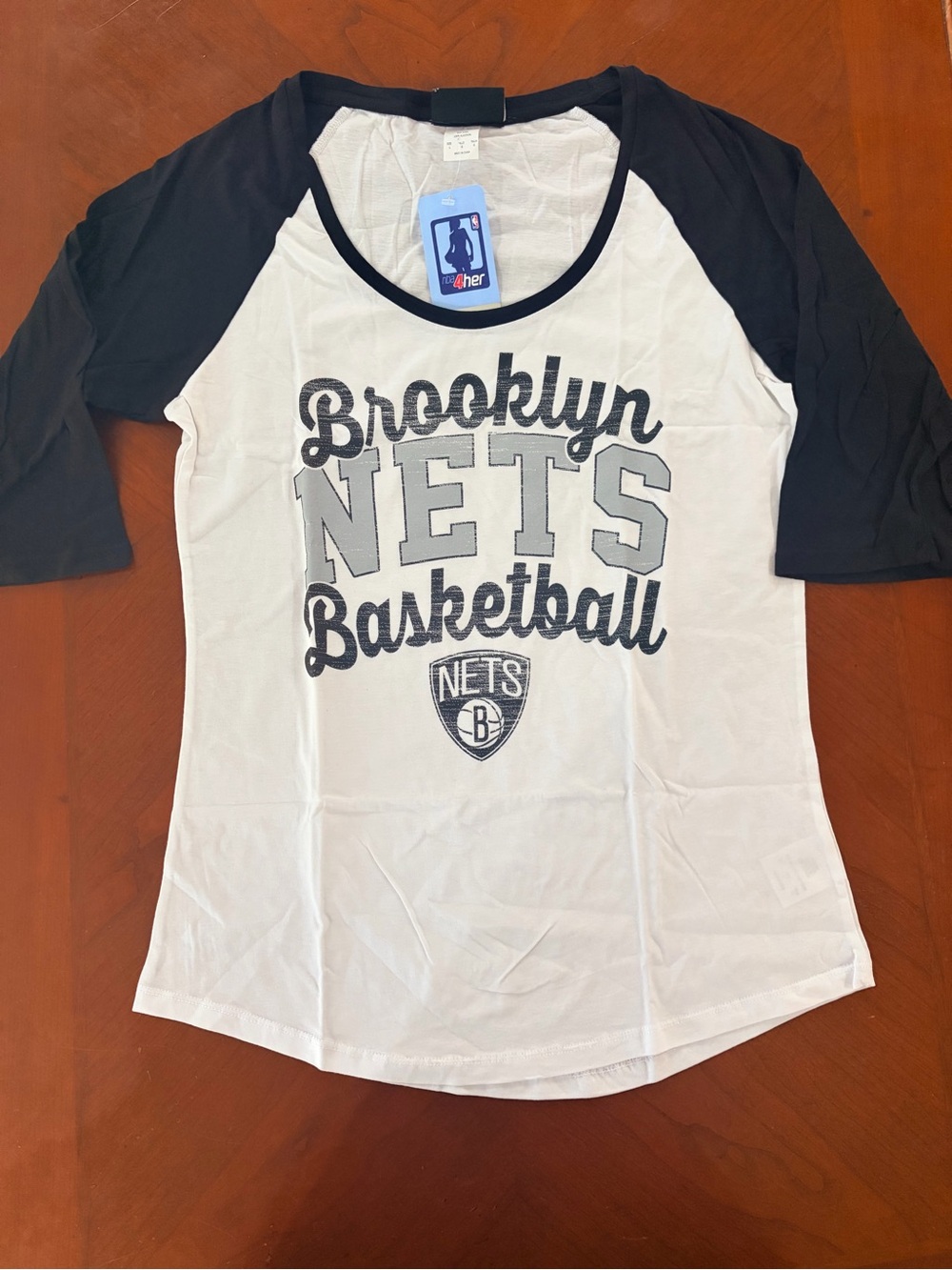 5th & Ocean White and Black Brooklyn Nets Raglan Tee